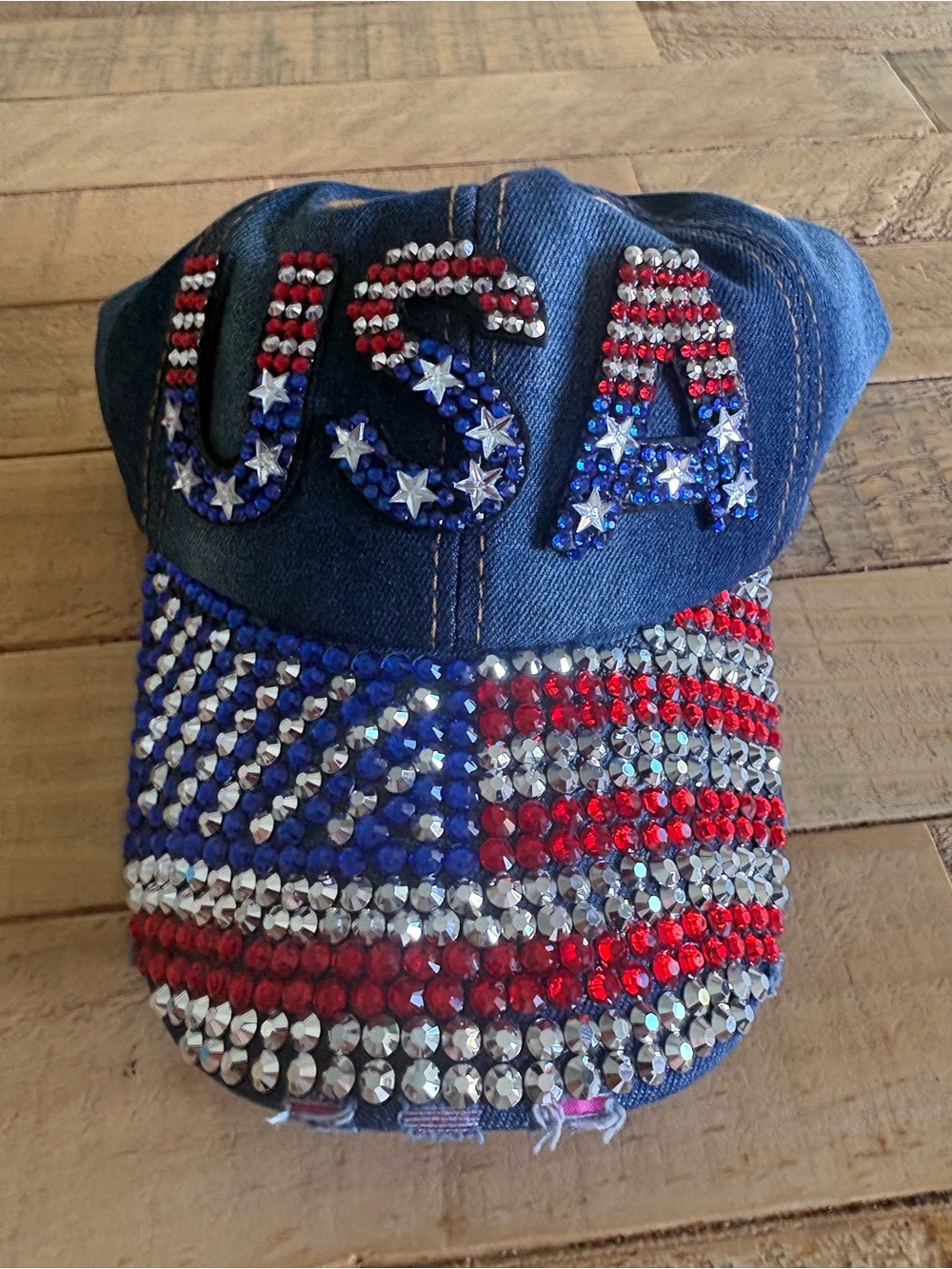 Patriotic Jeweled USA Denim Baseball Cap - Red, White & Blue